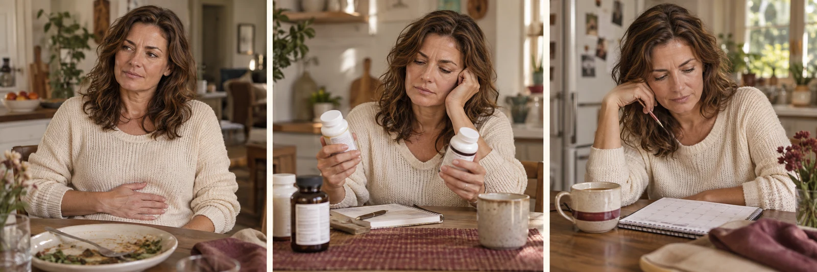 Three home scenes of a woman considering her meals and daily routine