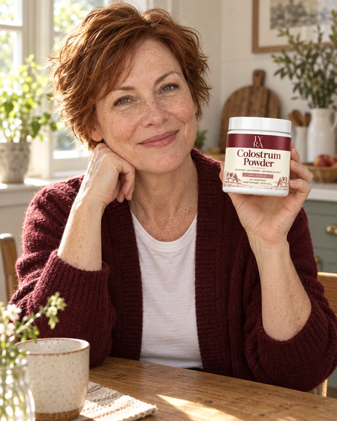 A woman with IYRA Colostrum Powder in her kitchen