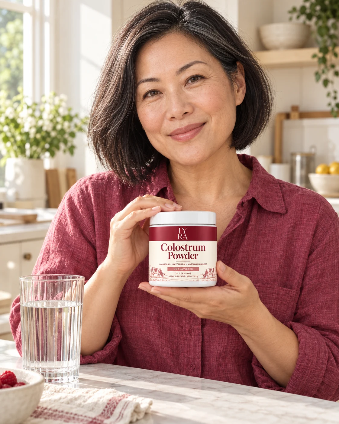 A woman holding IYRA Colostrum Powder beside a glass of water
