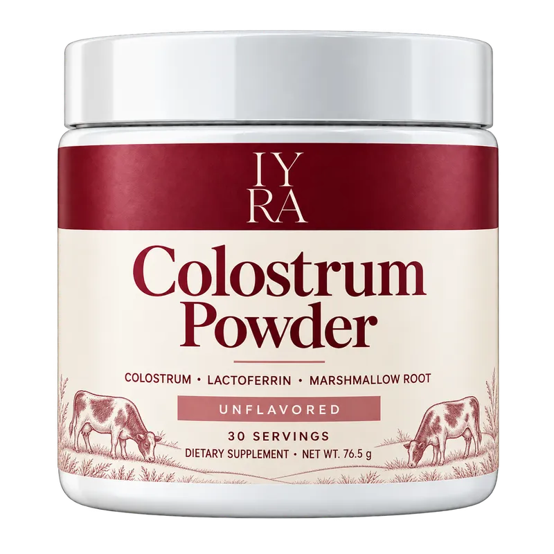 IYRA Colostrum Powder tub with burgundy and cream label
