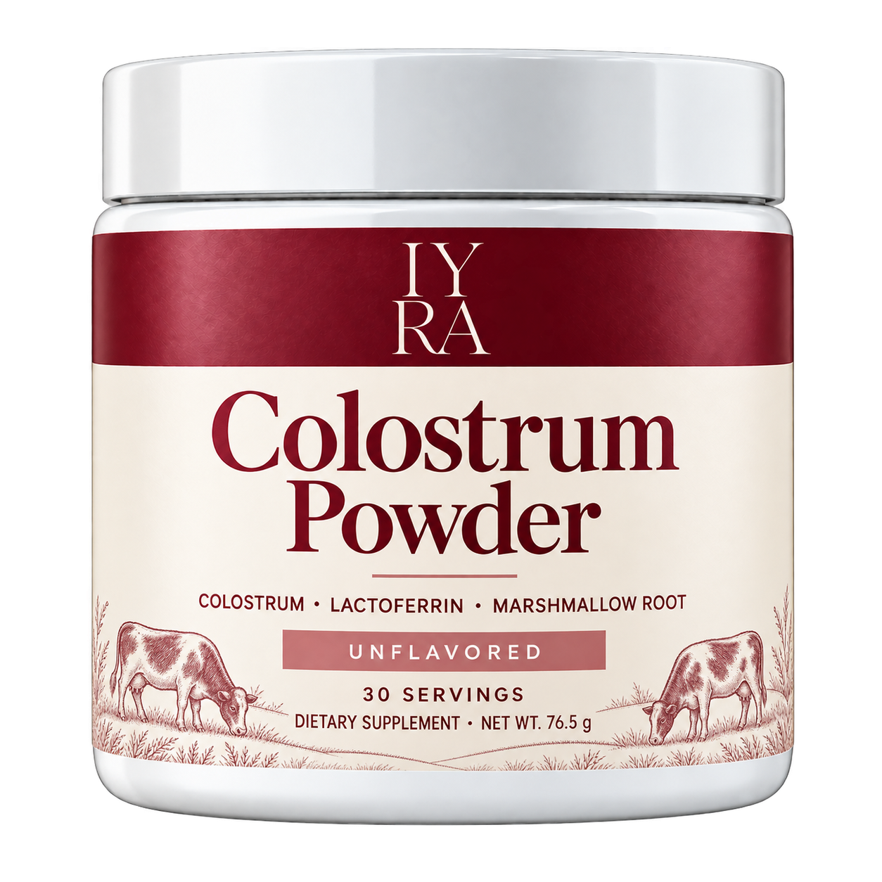 IYRA Colostrum Powder tub with burgundy and cream label